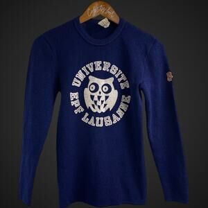 Universite EPF Lausanne Tigre Owl Blue Wool Blend Knit Thick Preppy Vintage